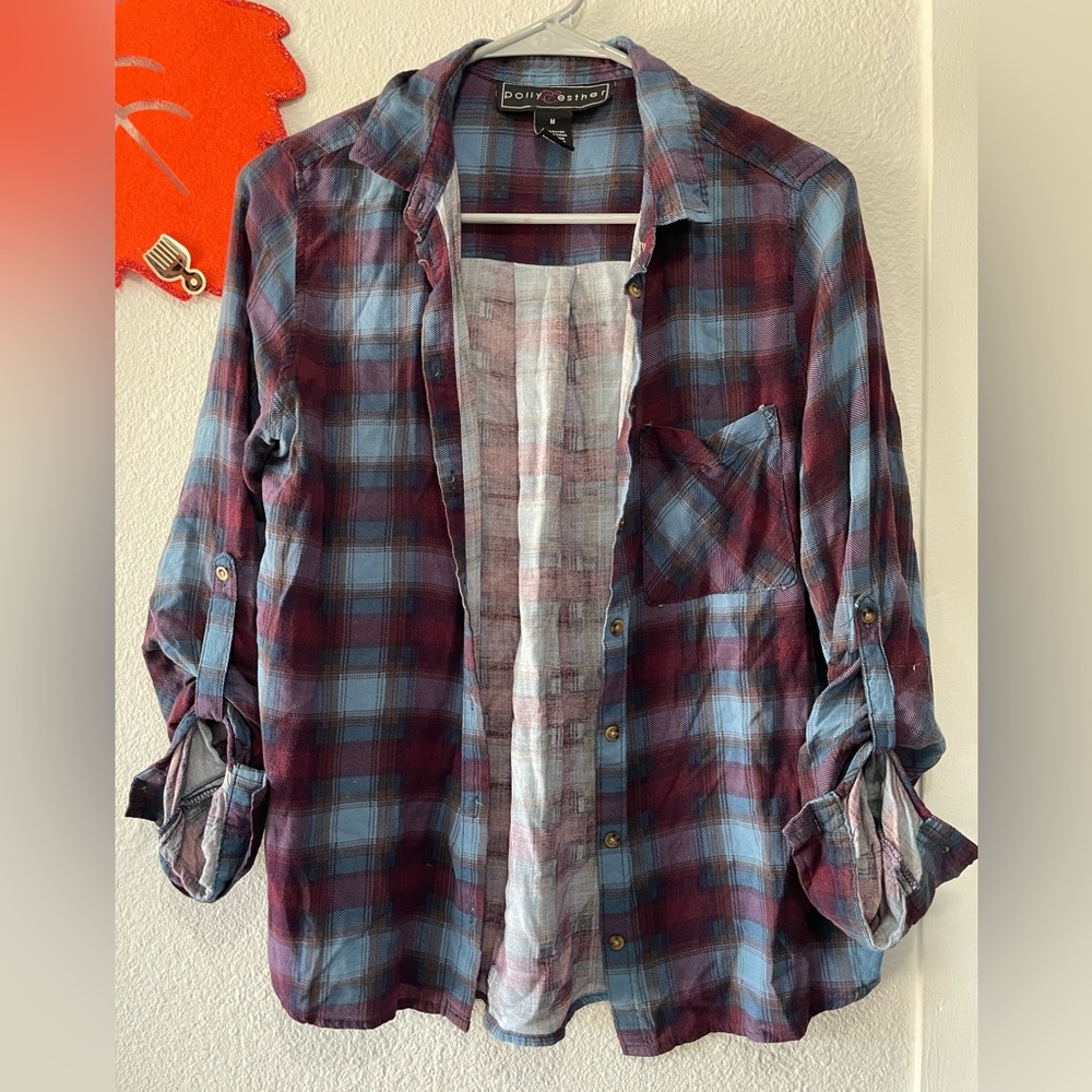 Polly & Esther Casual Plaid Shirt - Blue and Burgundy For women